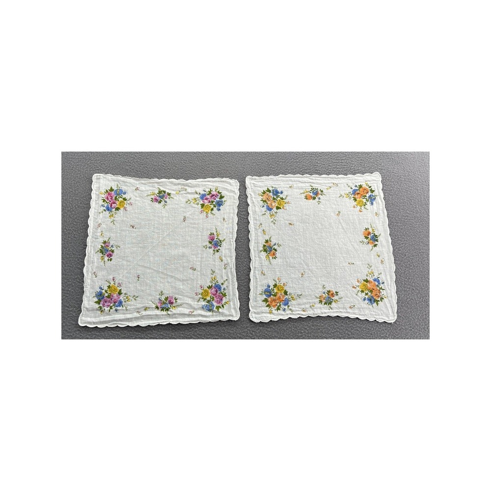 Vintage Floral Cotton Handkerchief Set of 2 Scalloped Edge Floral 11x11